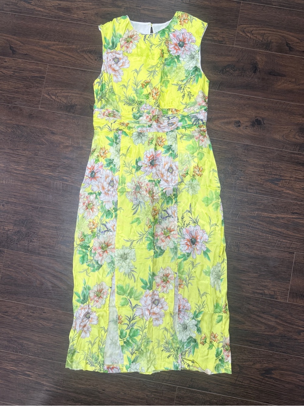 ANTHROPOLOGIE YELLOW FLORAL SILK DRESS SLEEVELESS LINED